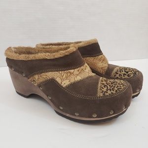 Kenzie Moby Brown Suede Calf Hair Wooden Clogs 7.5